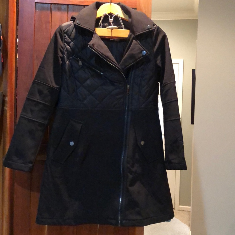 Black quilted asymmetrical zippered coat like new, worn only a few times